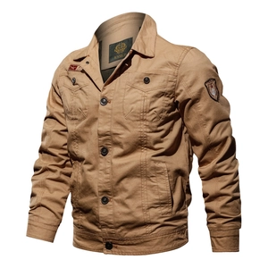 Men's khaki cotton military cargo jacket with vintage patches and button closure