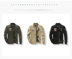 Three men's cotton bomber jackets in army green, khaki, and black with military patches