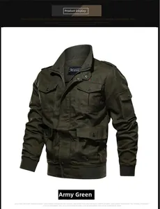 Detail of army green military jacket featuring multi-pocket design and rib-knit cuffs