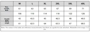 Detailed size chart for men's bomber jacket showing M to 4XL measurements and fit guide