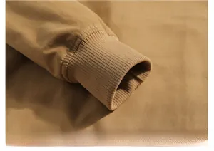 Detail of military style jacket showing ribbed elastic cuff and twill fabric texture
