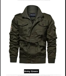 Detail of army green military jacket featuring multiple cargo pockets and canvas texture