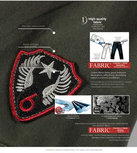 Detail of army green military jacket featuring an embroidered flight badge and cotton texture