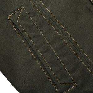 Men's cotton military cargo jacket featuring heavy olive canvas and contrast gold stitching