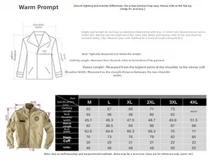 Detailed size chart for men's military flight jacket with measurements in centimeters