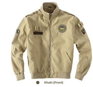 Detail of khaki bomber jacket featuring military Air Force patches and ribbed cuffs