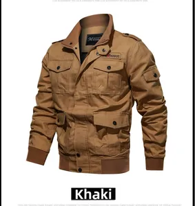 Detail of khaki military cargo jacket featuring multiple utility pockets and ribbed cuffs