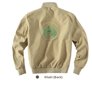 Back view of khaki flight jacket featuring a circular Air Force globe emblem and ribbed hem