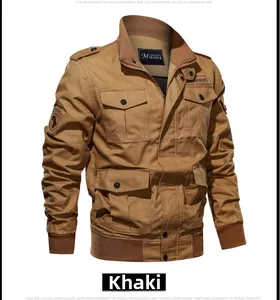 Detail of khaki men's cargo jacket featuring multiple utility pockets and ribbed collar