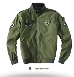 Close-up of military patches and tactical pocket on green flight jacket sleeve
