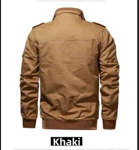 Rear view of khaki cargo jacket showing stand collar, epaulettes and ribbed hem detail