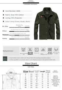 Detailed size chart for men cotton military jacket with measurements from M to 6XL