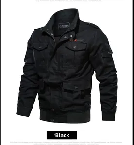 Close-up of black field jacket featuring four flap pockets and ribbed cuffs detail