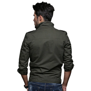 Men's olive green military cotton jacket with epaulettes and adjustable hem on back