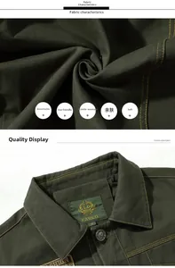 Detail of dark green cotton jacket showing contrast stitching and premium brand neck label
