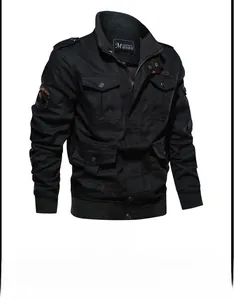 Front detail of black military cargo jacket with multiple flap pockets and stand collar