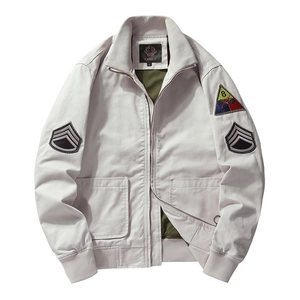 Retro M1942 beige military bomber jacket with vintage patches and ribbed cuffs