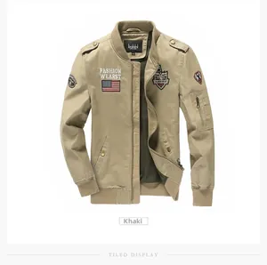 Detail of khaki cotton bomber jacket featuring American flag patch and ribbed cuffs