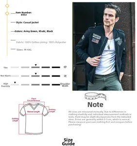 Detailed size chart and material specs for the black cotton flight jacket with patches