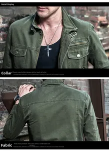 Détails de la veste militaire vert armée en 100% coton avec col montant pour homme