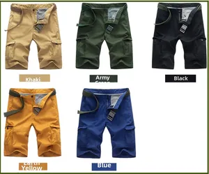 Detail view of cotton canvas cargo shorts in five colors with matching woven belts