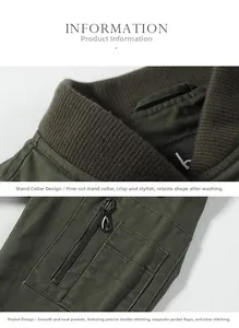 Detailed view of army green cotton jacket featuring stand collar and zipper sleeve pocket