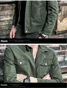 Détails de la veste cargo vert armée montrant la toile robuste et les grandes poches poitrine