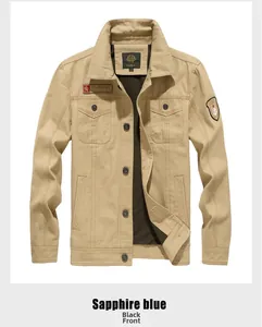 Close-up of khaki cotton twill jacket with embroidered badges and flap chest pockets