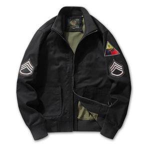 Retro M1942 military bomber jacket in black with vintage embroidery and rib knit cuffs