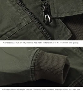 Detail of army green flight jacket with durable metal zipper and ribbed snap button cuffs