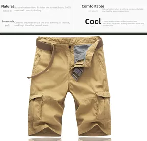 Detail of khaki cotton cargo shorts showing flap pockets and woven belt feature