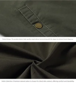 Detail of military green bomber jacket showing copper snap button and twill cotton fabric