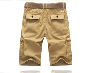 Detail of khaki cargo shorts with canvas belt and functional buttoned flap back pockets