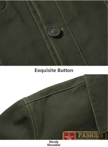 Detail of olive green canvas jacket with metal buttons and embroidered shoulder patches
