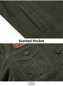Detail of military green cotton jacket with contrast stitching and embroidery patch