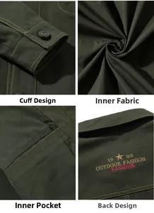 Detail of olive green jacket featuring metal buttons and 1989 Outdoor Fashion embroidery