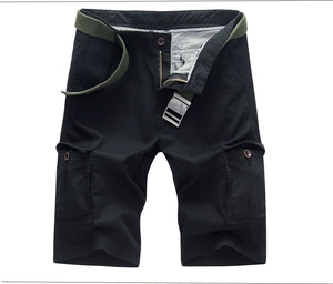 Detail of black cargo shorts with brown buttons, checked lining and canvas belt