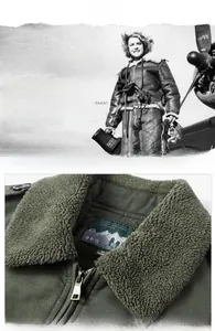 Detailansicht des warmen grauen Lammfellkragens an einer grünen Winter-Pilotjacke