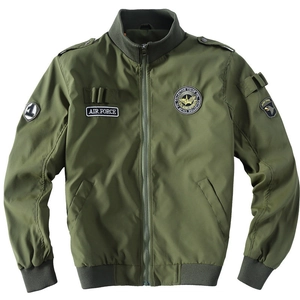 Army green military flight jacket with Air Force embroidered patches and ribbed trim