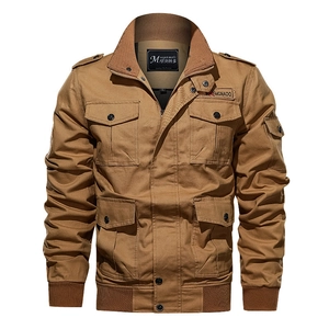 Men's khaki multi-pocket utility cargo jacket with ribbed cuffs in a front-facing view