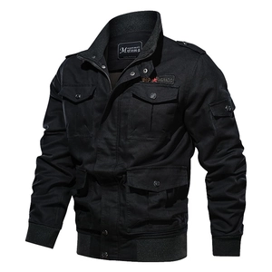 Men's black tactical multi-pocket jacket with utility details and military style coat