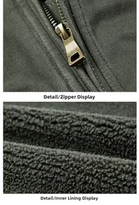 Detailansicht des Metallreißverschlusses und des grauen Lammfellfutters der grünen Jacke