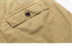 Detail of khaki cargo shorts showing back pocket with button and double stitching