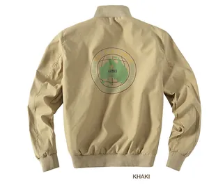 Men's khaki bomber jacket featuring Air Force back print and ribbed trim in a back view