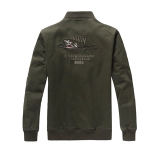 Army green men's cotton bomber jacket with shark aircraft embroidery on the back