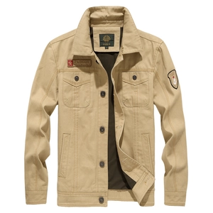 Front view of a khaki men's cotton canvas jacket with vintage nautical embroidery patches