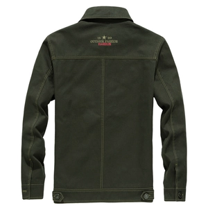 Men's outdoor cotton jacket in military green featuring back embroidery and adjustable hem