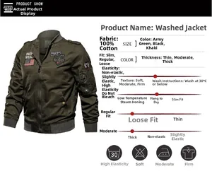 Detail view of army green cotton flight jacket showing fabric texture and pocket specs