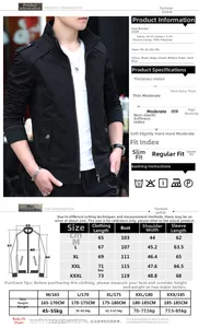 Detailed size chart for men's slim fit cotton jacket with body weight recommendations