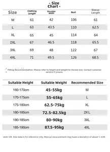 Detailed size chart for men's cotton bomber jacket showing chest and shoulder measurements